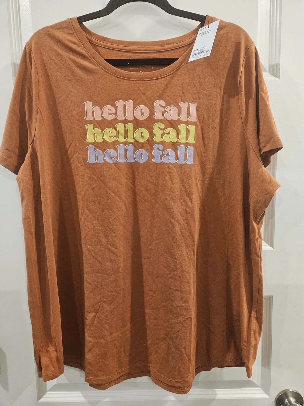Sonoma Rust Orange Womens Short Sleeve Tee with 'hello fall' Print